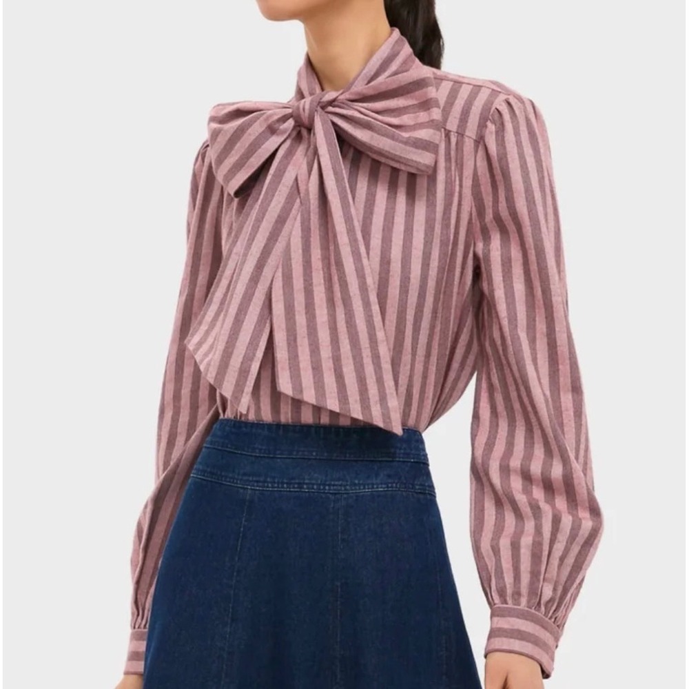 Tuckernuck Bow Blouse Women Large Mauve Striped Puff Sleeve Button Front Placket